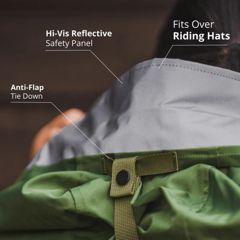 Close-up of the Reinwear Reincoat Pro Adult Midnight Navy hood with safety and reflective panel.