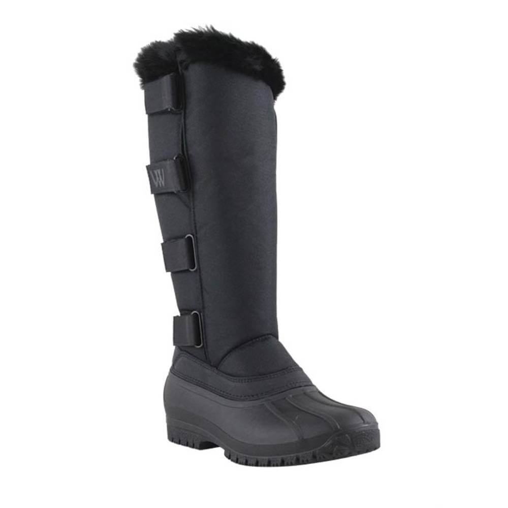 Woof Wear Long Yard Boot Junior: black knee-high winter boot with fleece, fur trim, and side buckles.