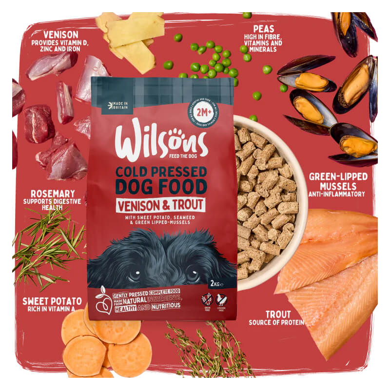 Wilsons Premium British Cold Pressed Dog Food Venison & Trout with illustrated benefits.