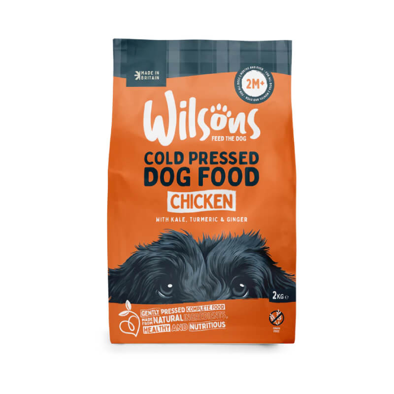 Wilsons Premium British Cold Pressed Dog Food Chicken, features dog's eyes and black fur illustration.