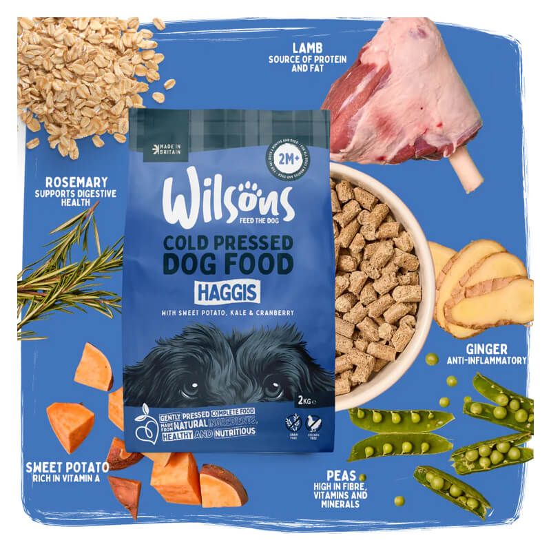 Wilsons Premium Cold Pressed Dog Food Haggis with lamb, peas, oats, ginger & rosemary.