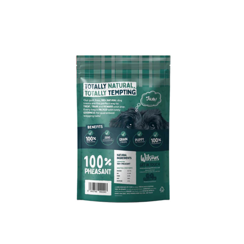 Wilsons Natural Dog Treats Pheasant Bites 200g bag with dog image and natural treats text.