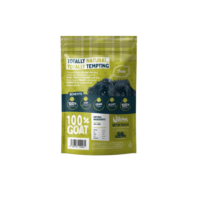 Wilsons Natural Dog Treats Goat Bites 200g green pouch with benefits and brand info on label.
