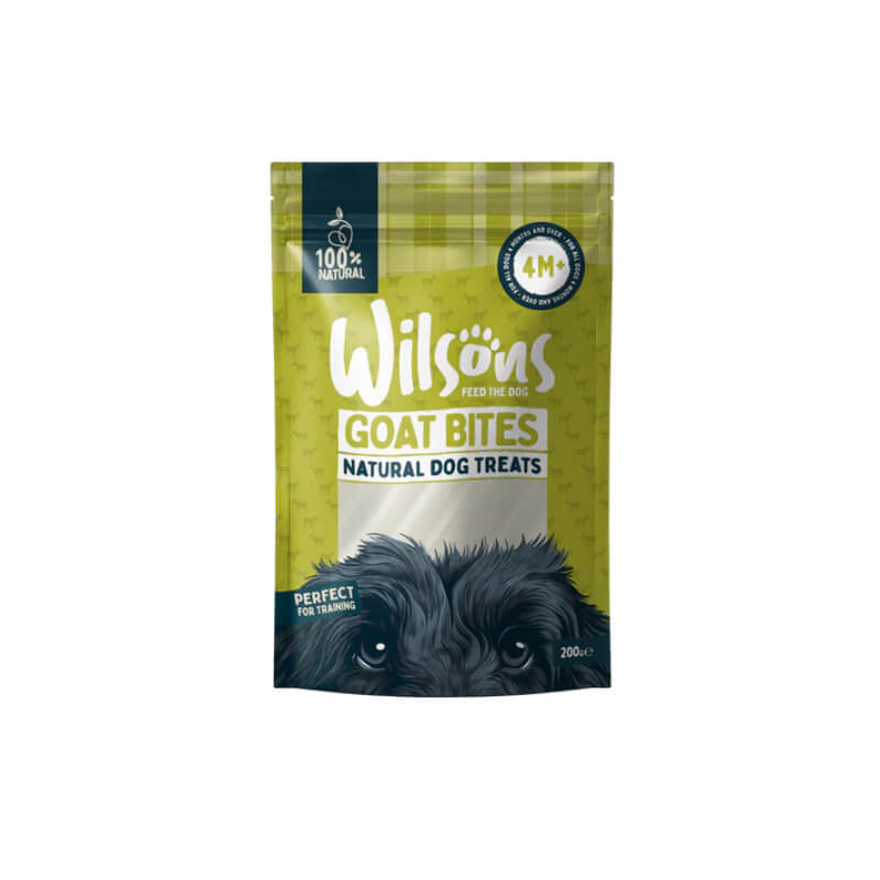 Wilsons Natural Dog Treats Goat Bites 200g bag with a dog’s face at the bottom.