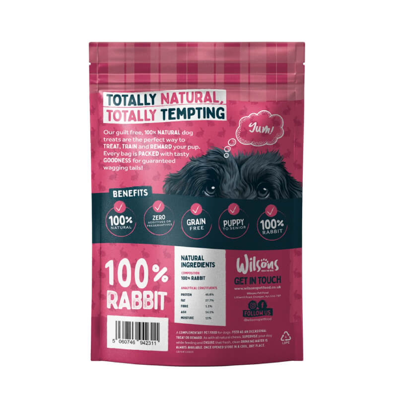 Wilsons Natural Dog Treats Rabbit Bites 200g bag with treats displayed in front of the package.