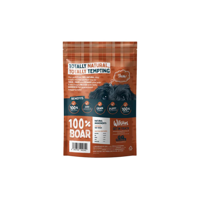 Wilsons Wild Boar Bites 200g: natural, grain free dog treats in orange plaid bag.