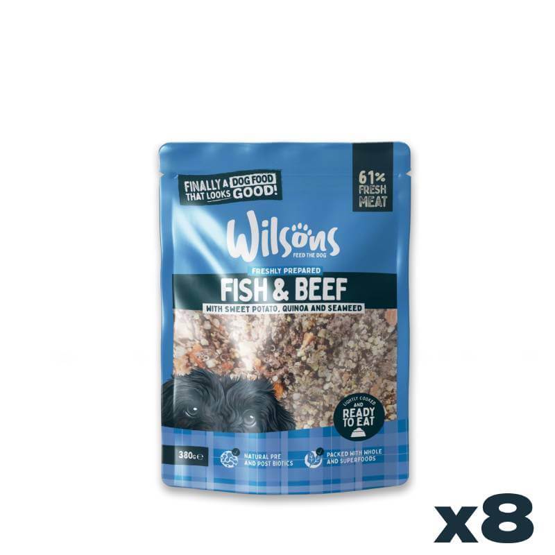 Wilsons Premium Fresh Fish & Beef Dog Food 8x380g pouches in blue packaging.