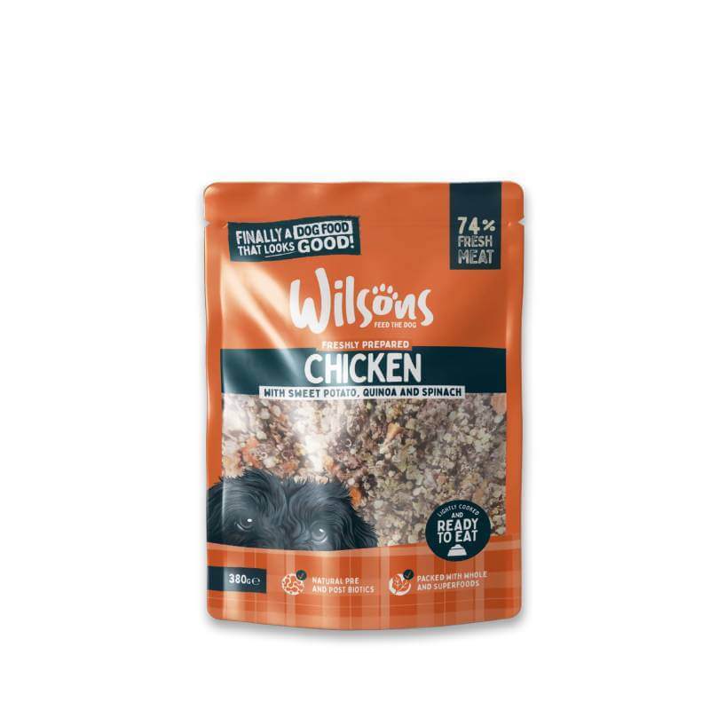 Wilsons Premium Fresh Dog Food Chicken 380g with sweet potato, quinoa, and spinach.