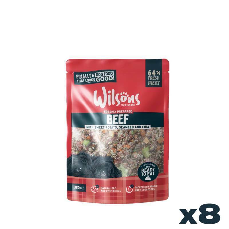 Wilsons Premium Fresh Dog Food Beef 8x380g, complete nutrition for dogs shown.
