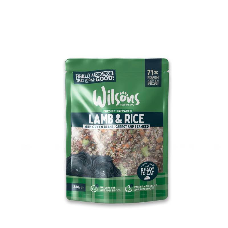 Wilsons Premium Fresh Dog Food Lamb & Rice 380g with green beans, carrot & seaweed.