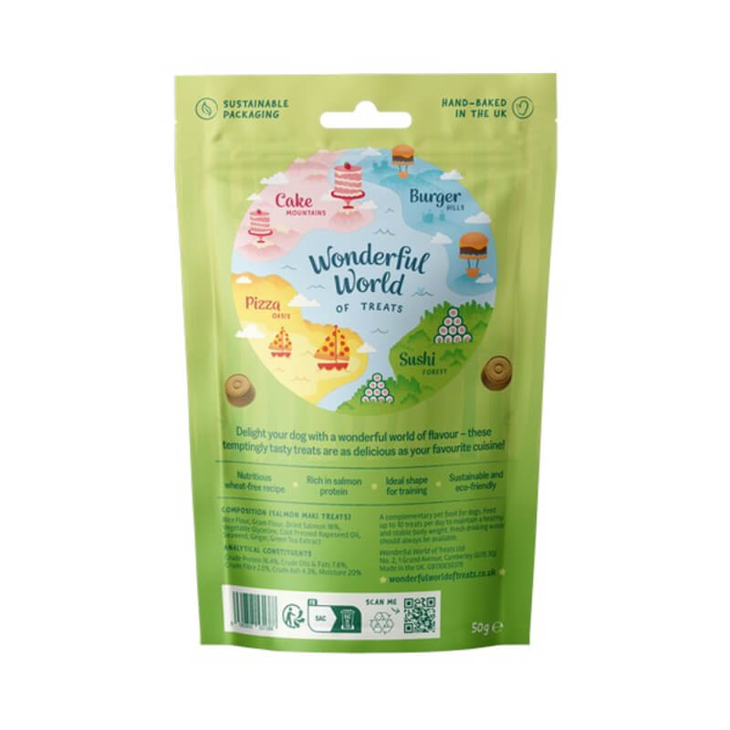Green bag labeled Wonderful World of Treats, features Salmon Maki Dog Treats 50g.