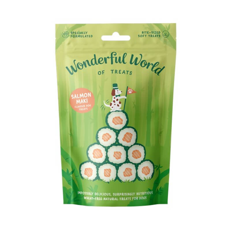 Wonderful World of Treats Salmon Maki Dog Treats 50g, healthy and features a cartoon dog.