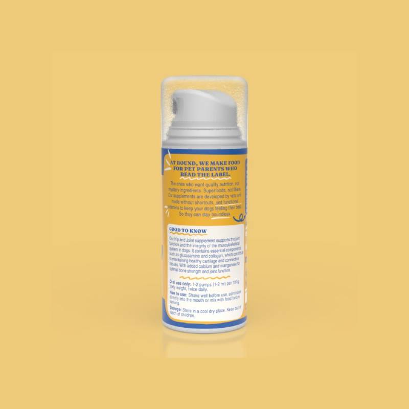 Bound Pets Hip and Joint Liquid Supplement for Dogs, 100ml, on yellow with blue/yellow label.