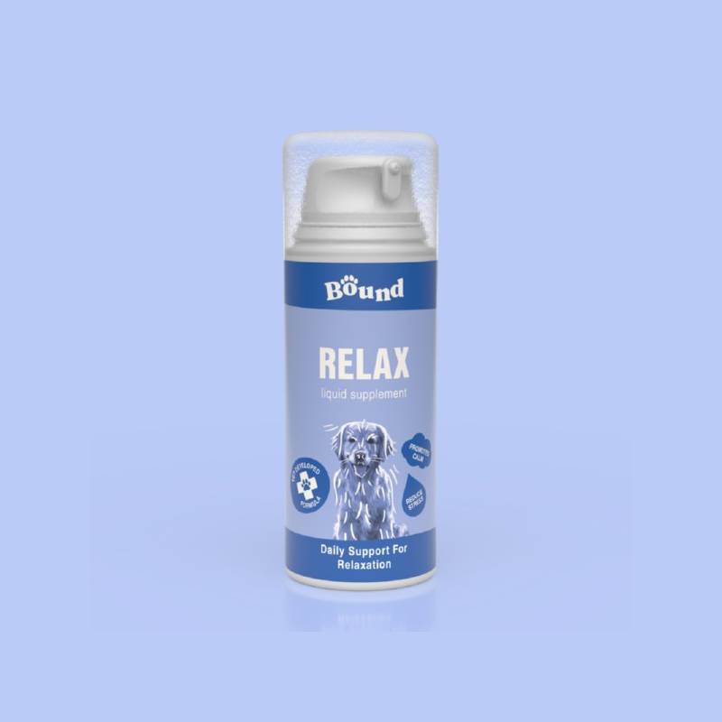Bound Pets Relax Liquid Supplement for Dogs 100ml, calming spray with botanicals, small dog design.