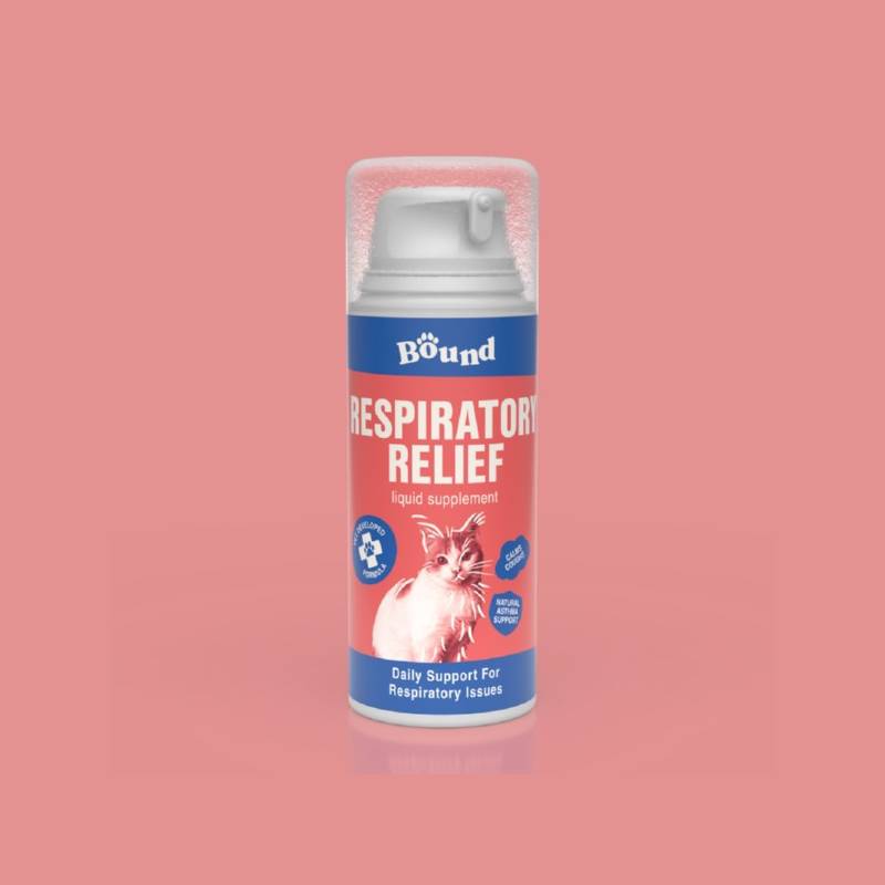 Bound Pets Respiratory Relief Liquid Supplement for Cats, 100ml, on a pink background.