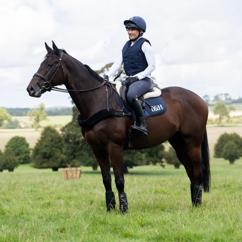 Rider in Racesafe Motion Air Jacket Navy Adult on a brown horse in a grassy field.