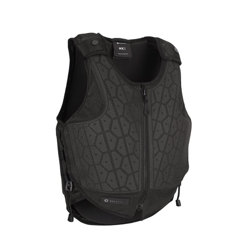 Racesafe HX3 Young Rider Body Protector Black with hex pattern, zip front, and side straps.