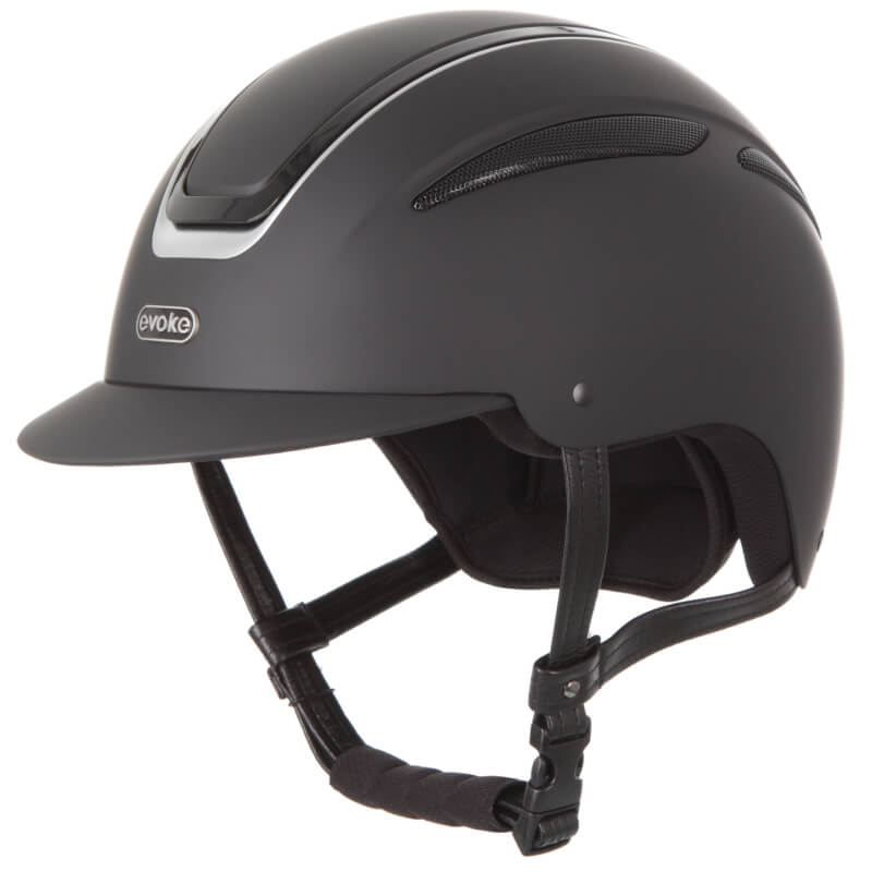 Evoke Callisto Classic Peak Black/Silver riding helmet with chin strap, vents, PAS 015:2011.