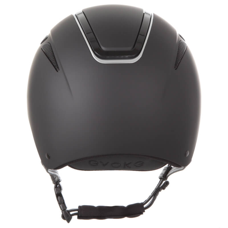 Evoke Callisto Classic Peak Black/Silver riding helmet, PAS 015 2011, rear view.