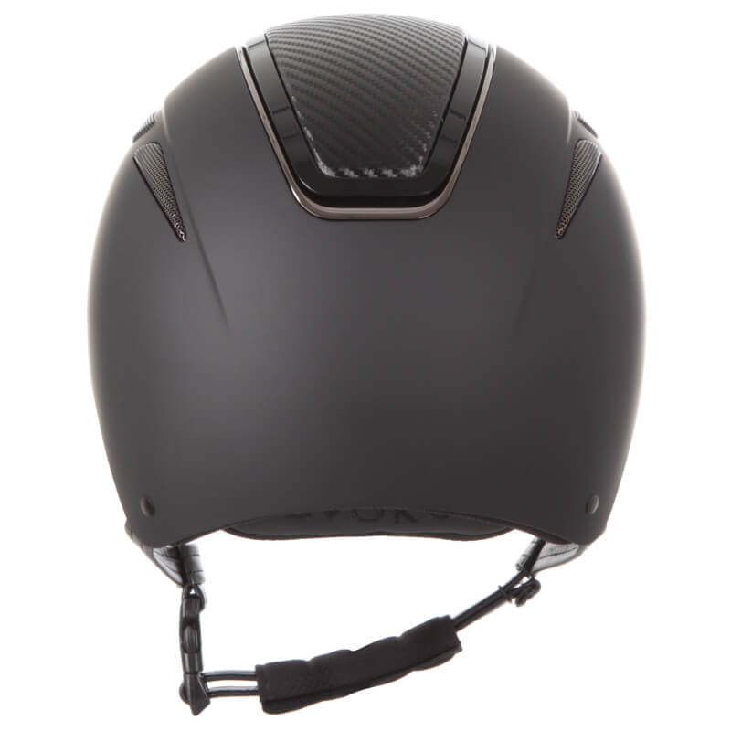 Evoke Callisto Classic Peak Black Carbon helmet with matte finish and top carbon fiber detail, rear view.
