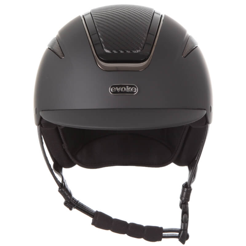 Evoke Callisto Classic Peak Black Carbon equestrian riding helmet, front view with chin strap.