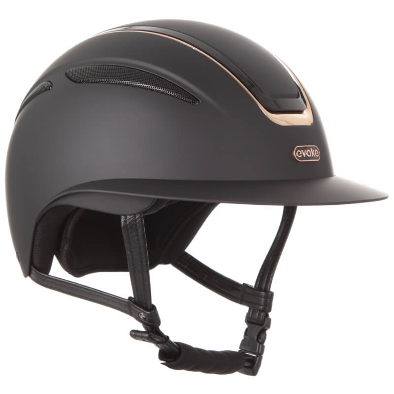 Evoke Callisto Wide Peak Black/Rose Gold riding helmet, PAS 015 certified with vented design.