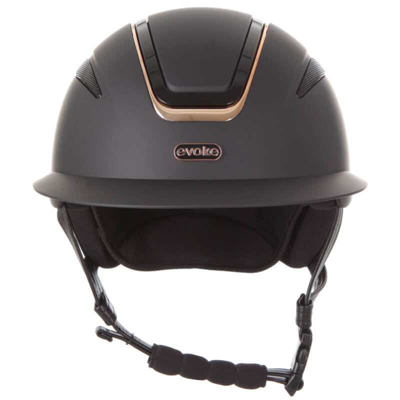 Evoke Callisto Wide Peak Black/Rose Gold riding helmet, PAS 015 certified with chin strap.
