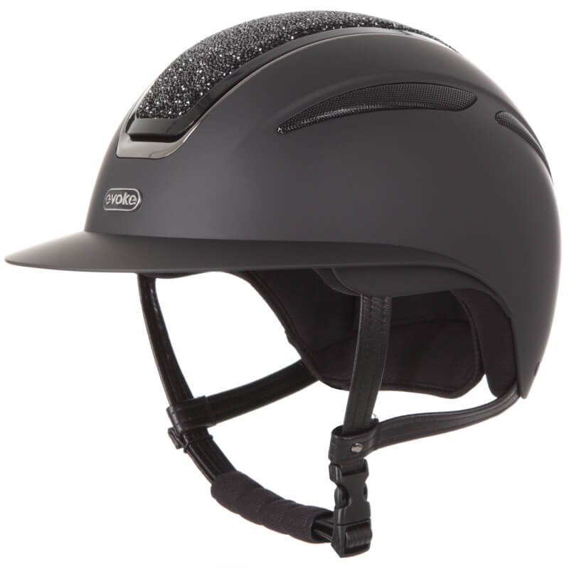 Evoke Callisto Wide Peak Black/Black Crystal helmet with glitter detail and chin strap.