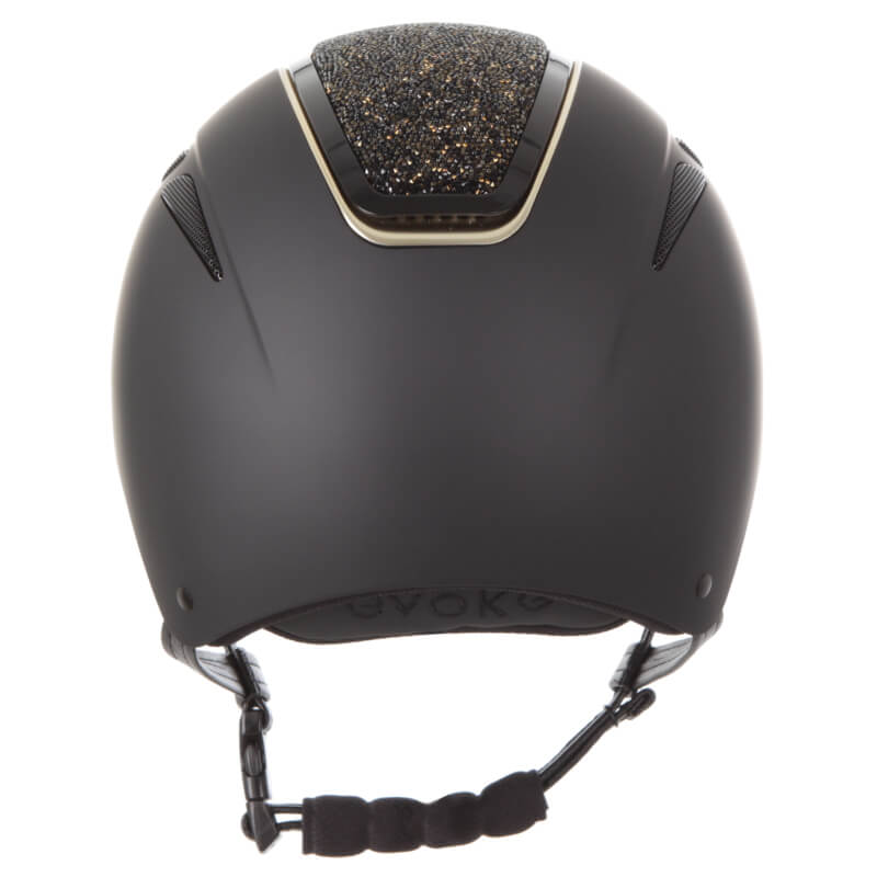 Evoke Callisto Classic Peak Black/Gold Crystal helmet, PAS 015:2011, glitter top, front view.