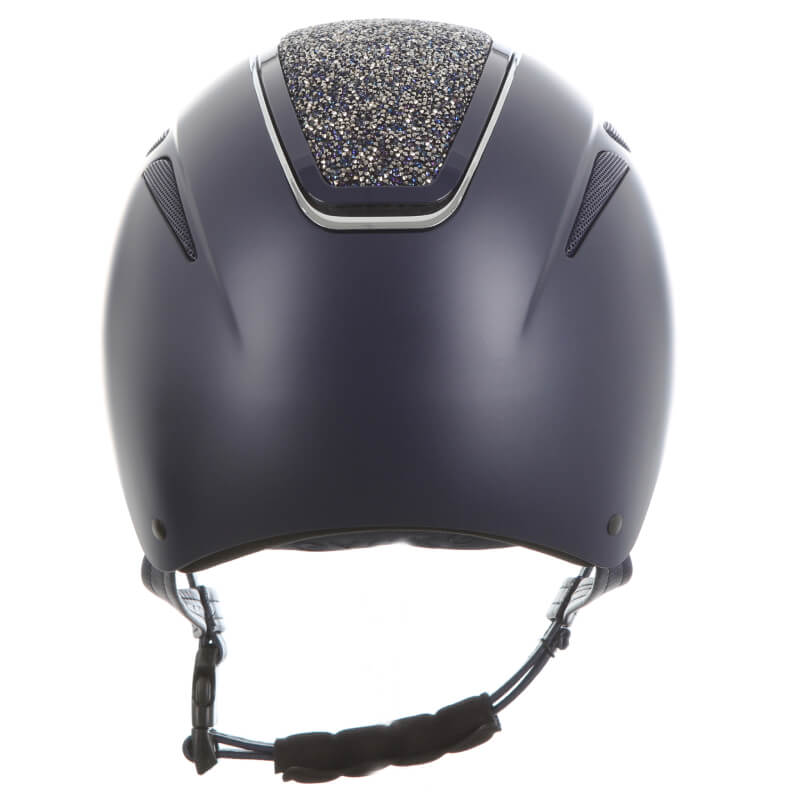 Evoke Callisto Classic Peak navy helmet with crystal panel and chin strap.
