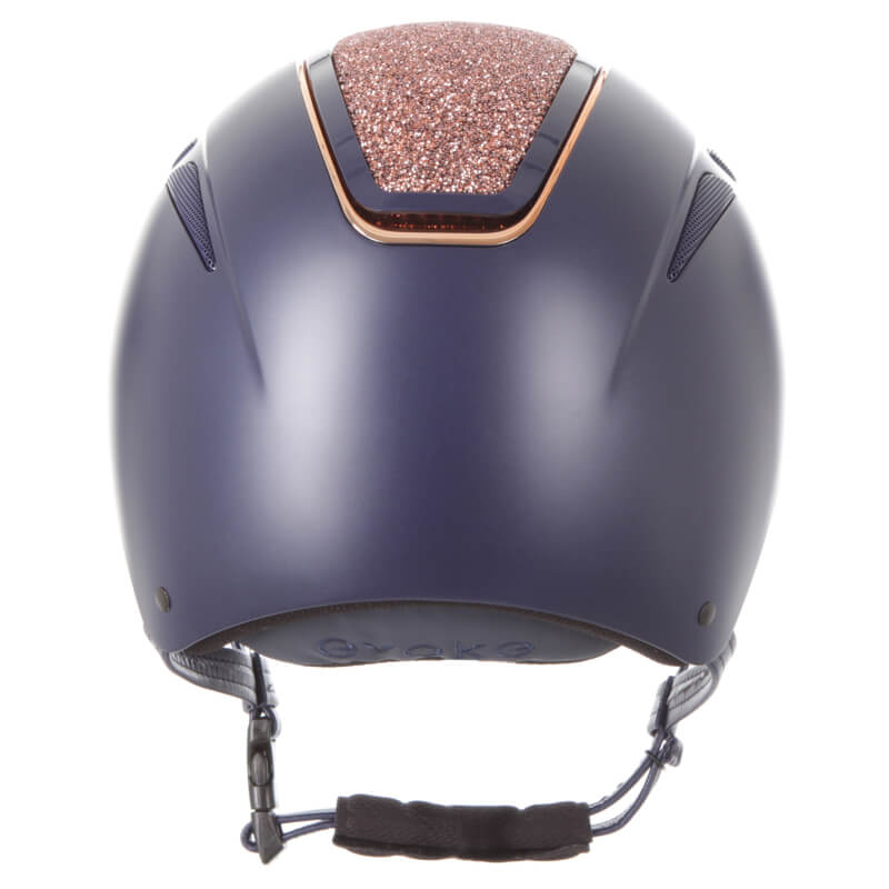 Rear view of the Evoke Callisto Classic Peak Navy/Rose Gold Crystal Riding Helmet with black chinstrap.