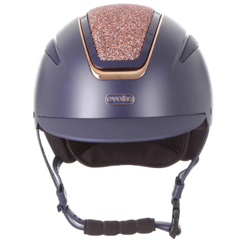 Evoke Callisto Classic Peak Navy/Rose Gold Crystal equestrian helmet with chic glitter detail.