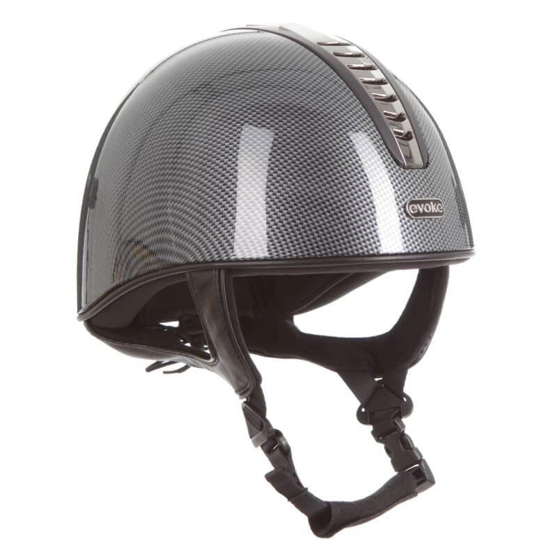 Evoke Orion Jockey Skull high shine carbon helmet with chin strap and side logo.
