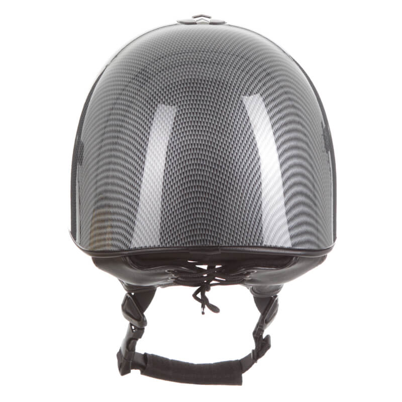 Front view of the Evoke Orion Jockey Skull High Shine Carbon Equestrian Riding Helmet.