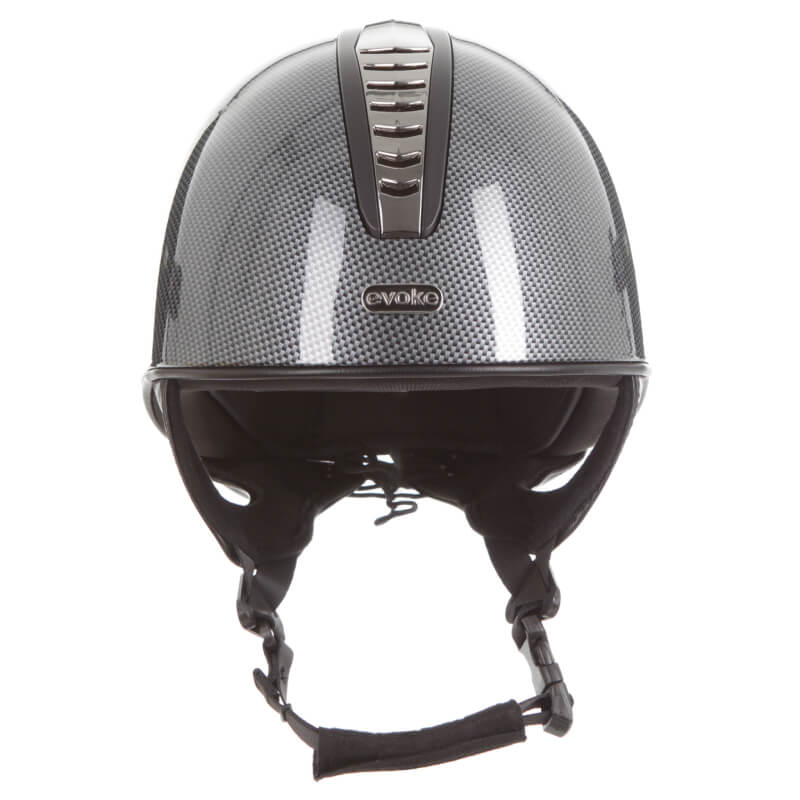 Front view of Evoke Orion Jockey Skull high shine carbon equestrian helmet with chin strap.
