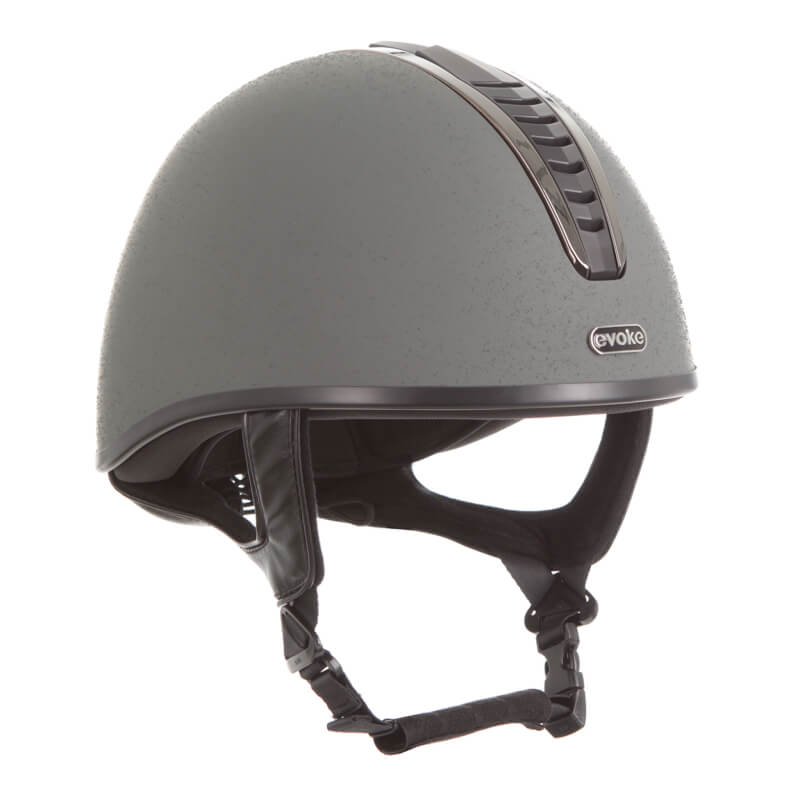 Evoke Orion Jockey Skull Riding Helmet in slate/black/gunmetal with black chin strap.
