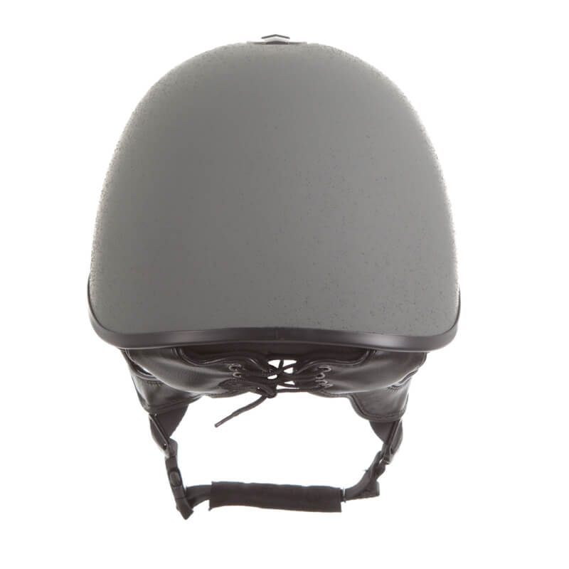 Top view of Evoke Orion Jockey Skull Equestrian Riding Helmet with chin strap and lace details.