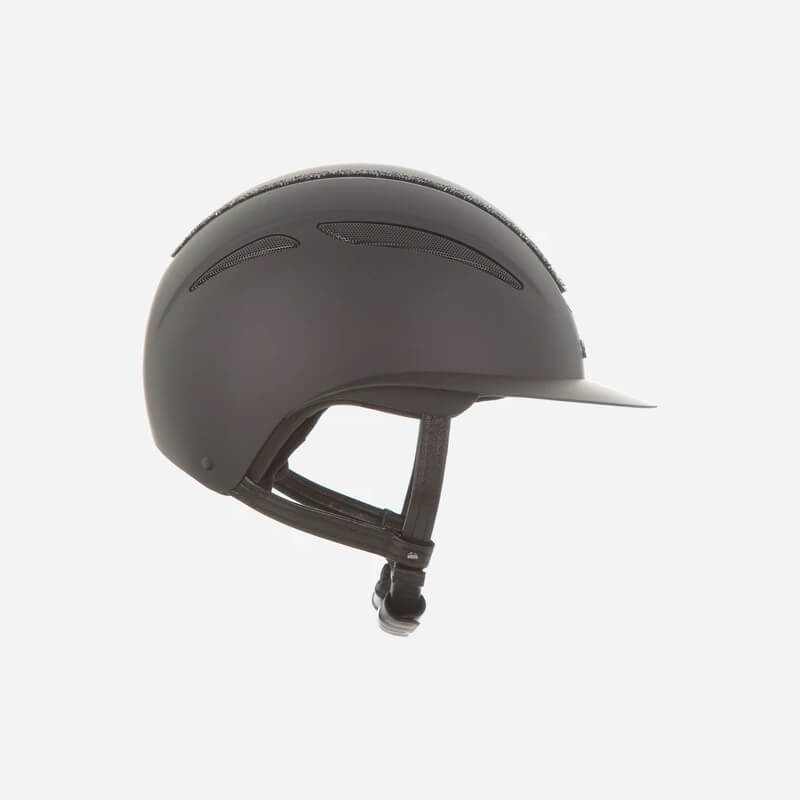 Evoke Callisto Wide Peak Black/Black Crystal riding helmet with vents and chin strap, side view.
