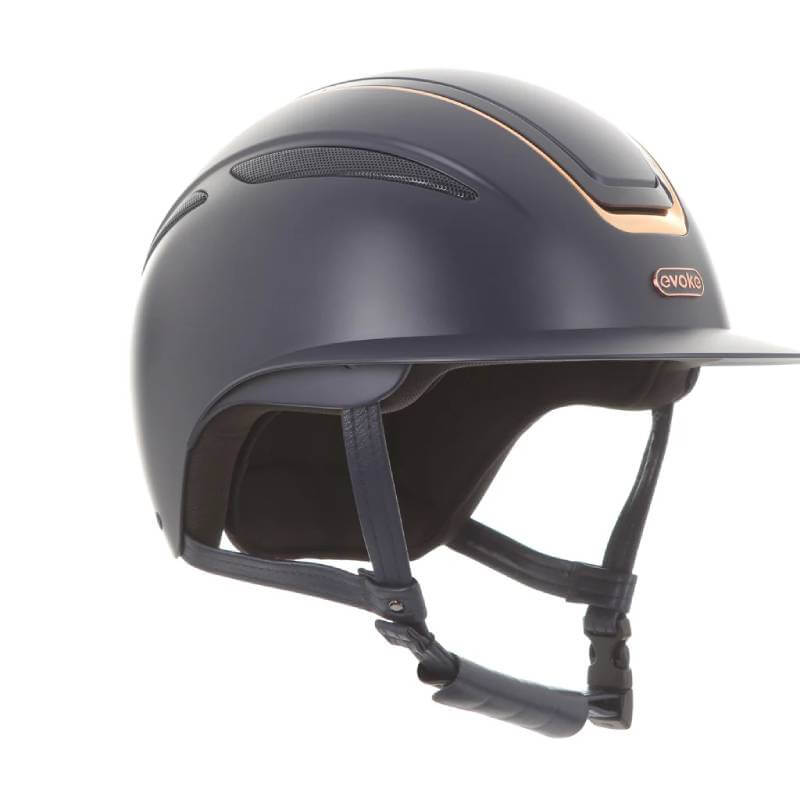 Evoke Callisto Wide Peak Navy/Rose Gold Equestrian Helmet with chin strap and ventilation.