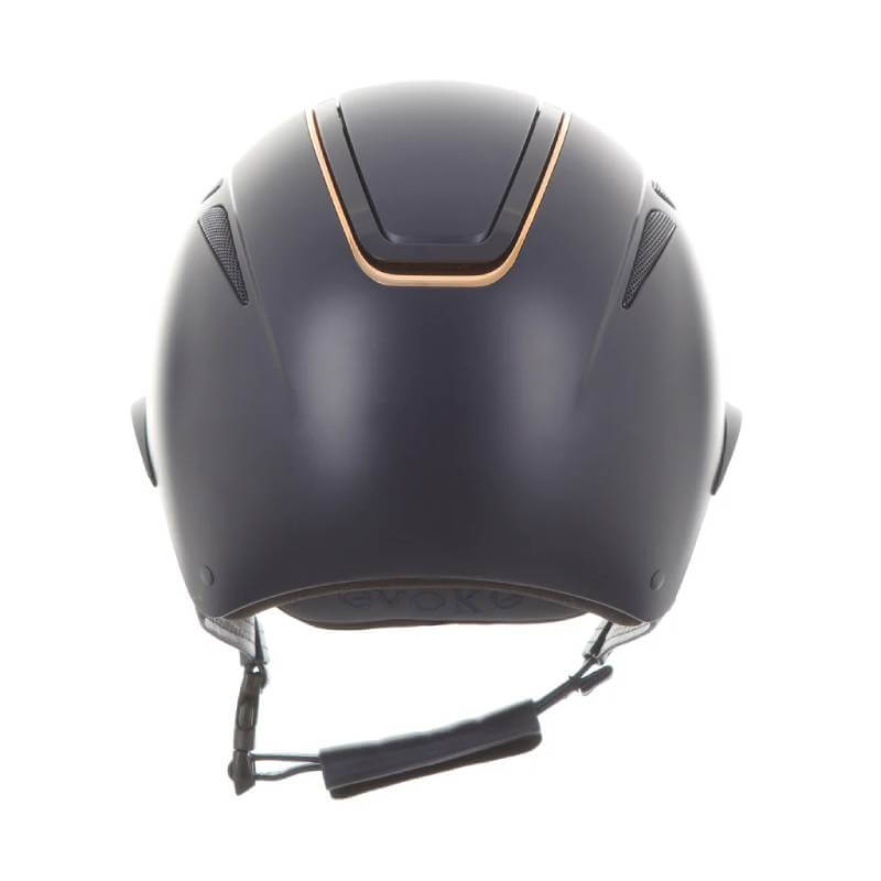 Evoke Callisto Wide Peak Navy/Rose Gold Equestrian Riding Helmet with chin strap.