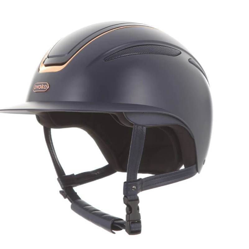 Evoke Callisto Navy/Rose Gold helmet with wide peak, chin strap, and ventilation vents.