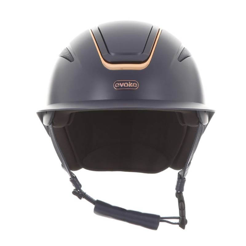 Evoke Callisto Wide Peak Navy/Rose Gold equestrian helmet with chin strap, front view.