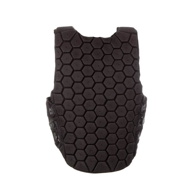 Evoke HEX6 Body Protector Black Tiny Tots, front view with hex pattern on white background.
