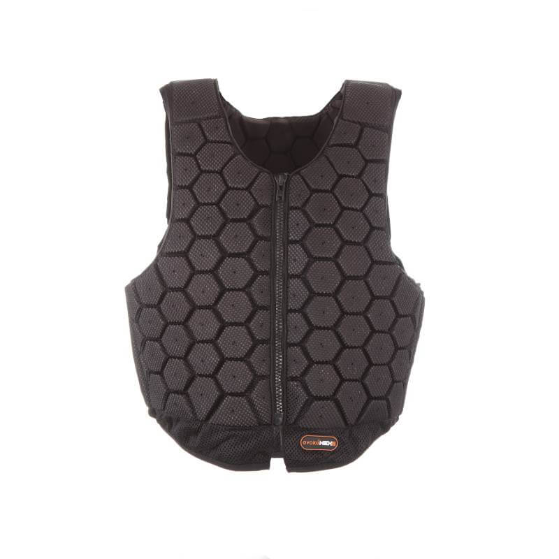 Evoke HEX6 Body Protector Black Young Rider with hex pattern and front zipper on white background.