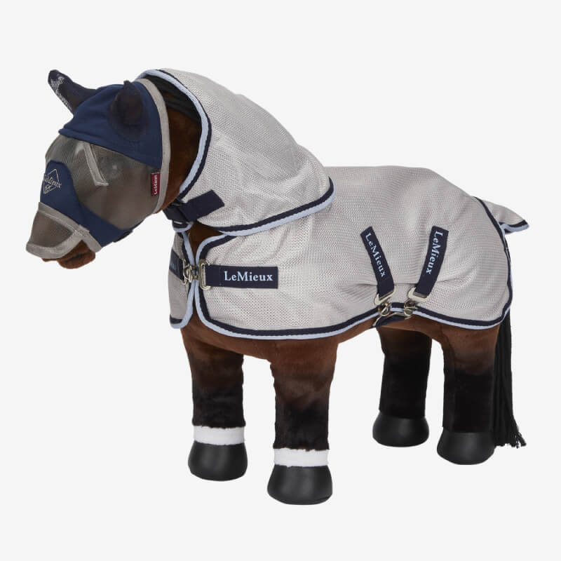 LeMieux Toy Pony Fly Rug Grey/Navy with straps and hood—a must-have accessory for toy ponies.