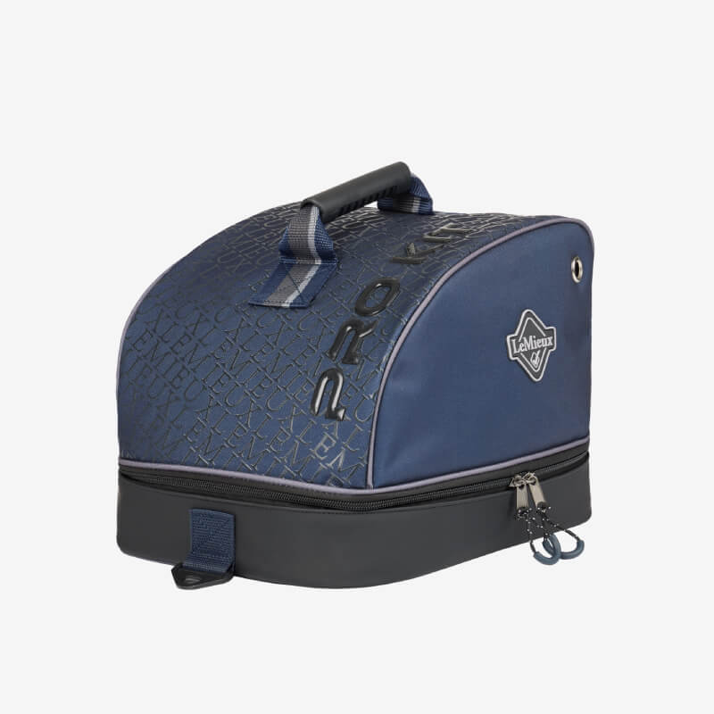 LeMieux Elite Pro Hat Bag Navy with handle, zipper, and LeMieux logo on the side.
