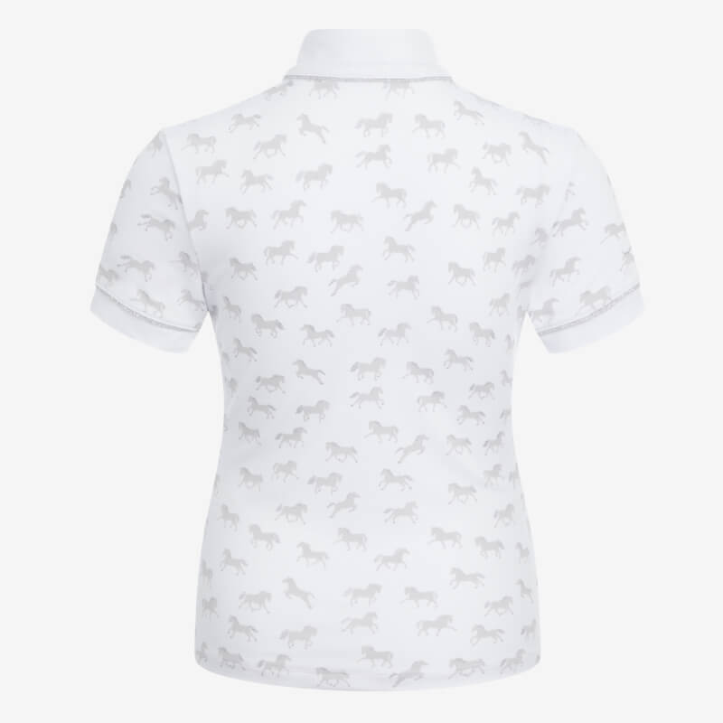 LeMieux Mini Bella Show Shirt White: Stylish competition polo with subtle gray horse motifs.