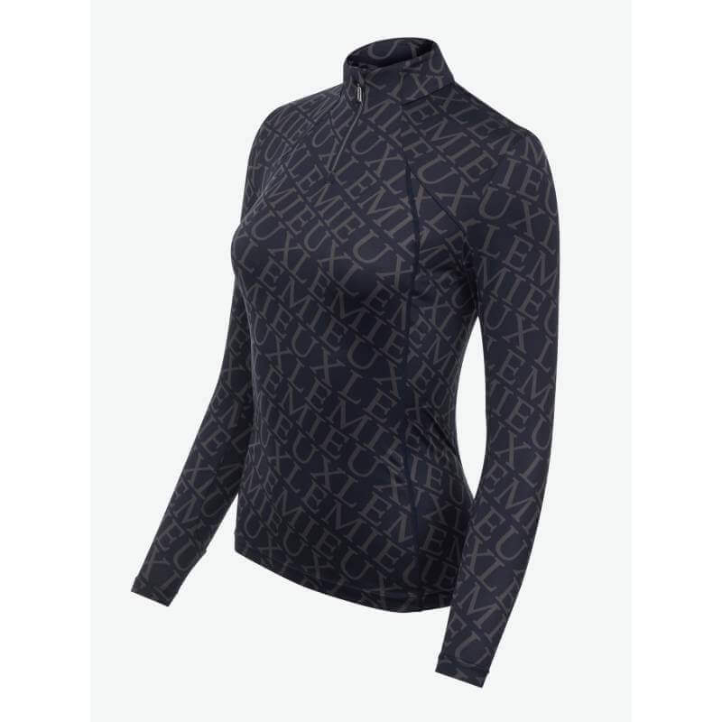 LeMieux Fleur Base Layer Navy—high collar, light gray print, and UV protection sportswear.
