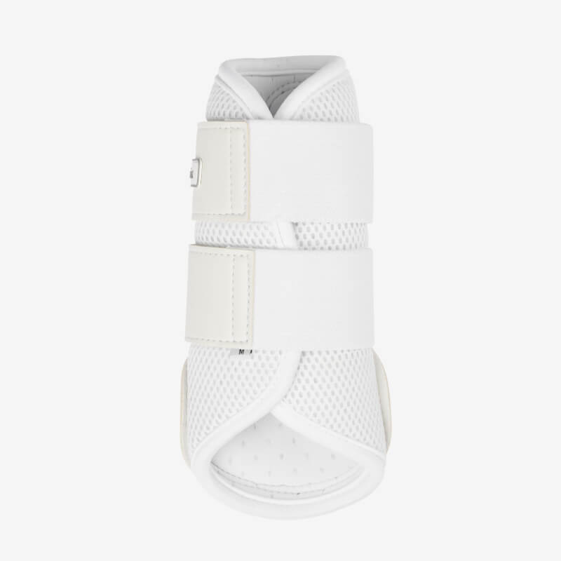 LeMieux Mesh Brushing Boot White with two Velcro straps for horse leg protection, front view.