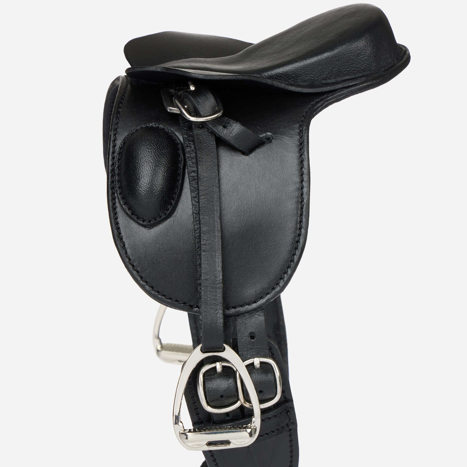 LeMieux Toy Pony Dressage Saddle Black with silver fittings on a white background.